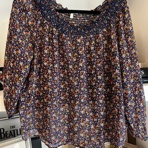 Joie Navy Floral Smocked-Neck Peasant Blouse